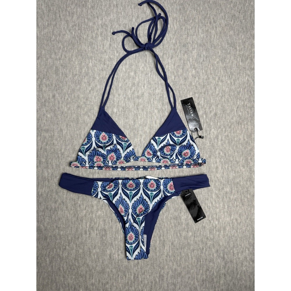 TAVIK Mon Reversible Bikini Set Women's Size Small Blue White Halter Swimwear‎